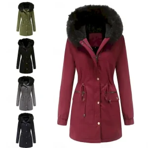 Women's Winter Coat Windproof Warm Zipper Buttons Outdoor Solid Color Work Casual Single Breasted Hoodie Loose Fit Long Sleeve Outerwear Navy Red Green Winter