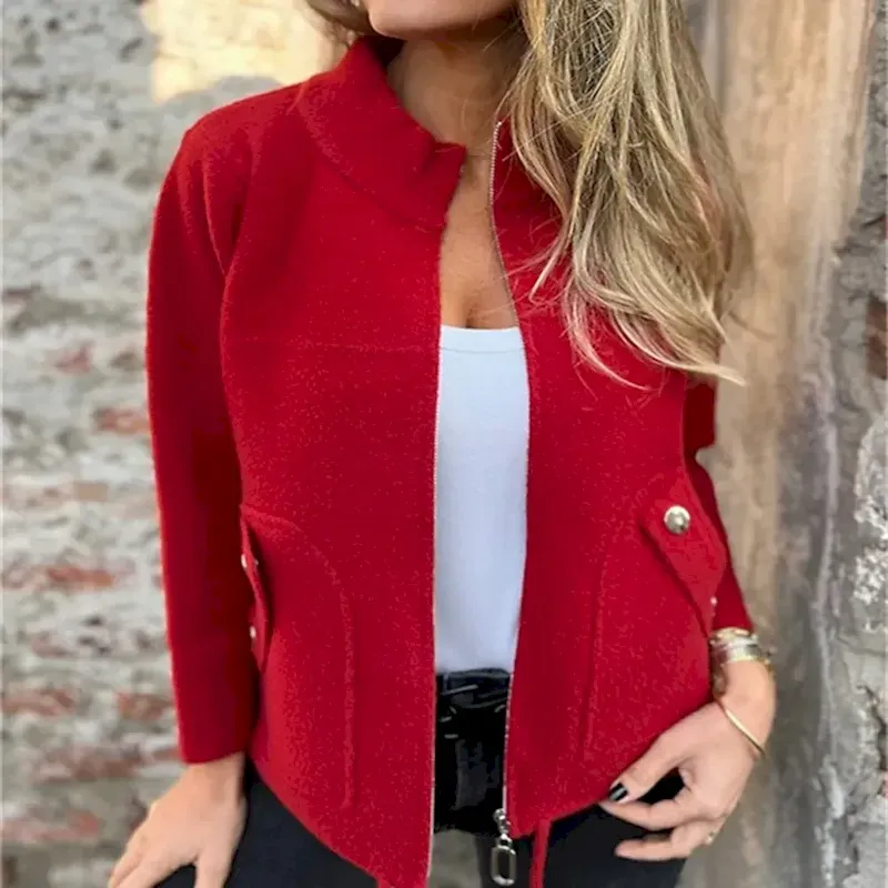 Women's Blazer Comfortable Zipper Pocket Elegant Fashion Outdoor Plain Going out Casual Daily Weekend Cardigan Regular Stand Collar Regular Fit Long Sleeve Outerwear Black Red Blue Spring Fall - Image 2