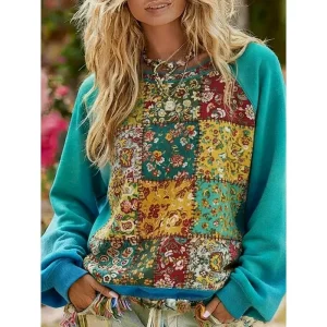 Women's Pullover Sweatshirts Floral Color Block Vintage Streetwear Classic Long Sleeve Crew Neck Regular Tops Dailywear Casual Print Blue Spring Fall