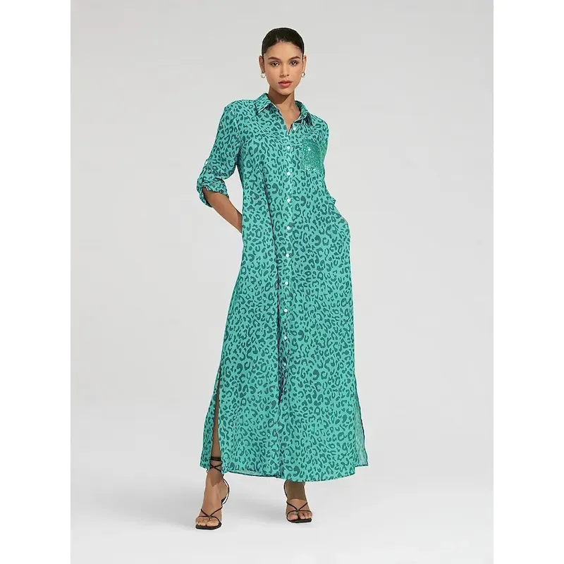 Women's Shirt Dress Print Dress Maxi Dress Blue Green Leopard prints Roll up Sleeves Sequin Summer Shirt Collar Leopard Print S M L - Image 5