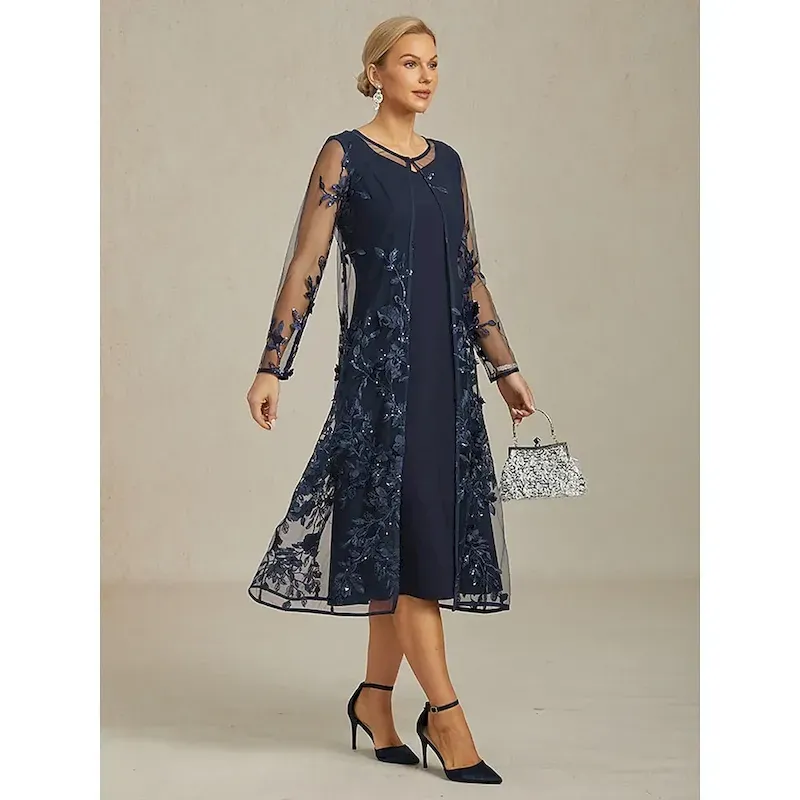 Women's Jacket Coat Blazer Lace Embroidered Sequin Elegant Floral Formal Anniversary Wedding Guest Cocktail Party Open Front Long Crewneck Regular Fit Long Sleeve Outerwear Navy Blue