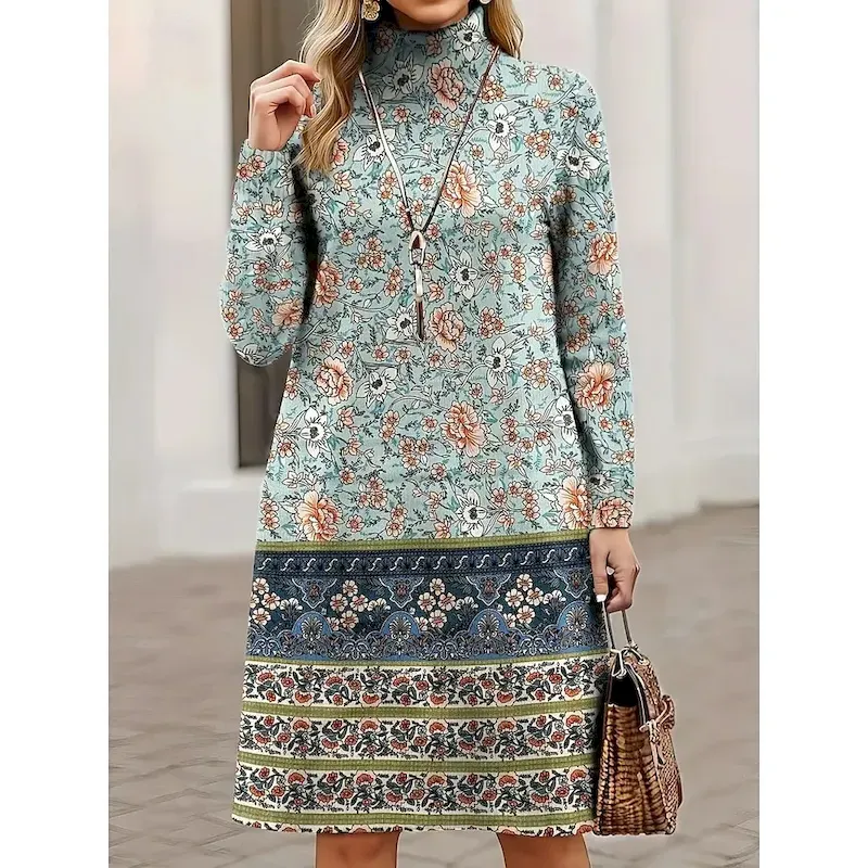 Women's Sweater Dress Mini Dress Shift Dress A Line Dress Vacation Casual Boho Casual Daily Loose Fit Graphic Houndstooth Tribal Long Sleeve Turtleneck khaki Spring Fall Winter - Image 4
