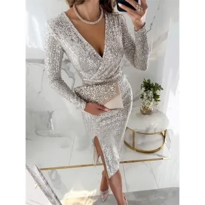 Women's Midi Dress Sequin Dress Casual Dress Elegant Dress Casual Sports & Outdoor Street Evening Party Regular Fit Plain Long Sleeve V Neck Silver Black Wine Fall Winter