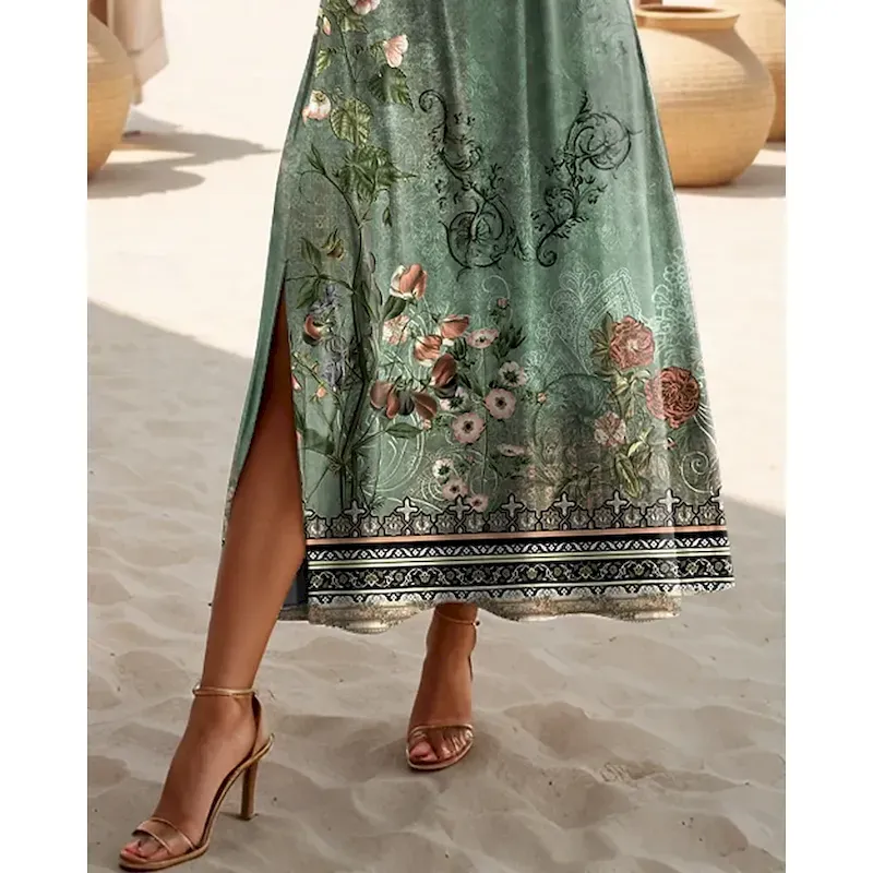 Women's Maxi Dress T Shirt Dress Tee Dress Sundress Shift Dress Summer Dress Bohemia Vacation Party Holiday Regular Fit Vintage Bohemian Short Sleeve Crew Neck Sage Green Summer Spring - Image 3