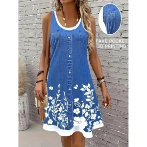 Women's Mini Dress Sundress A Line Dress Summer Dress Vacation Casual Daily Regular Fit Floral Graphic Sleeveless U Neck Blue Summer
