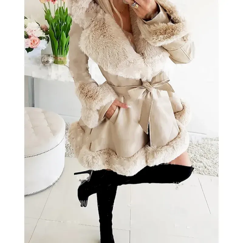 Women's Coat Warm Comfortable Fur Collar Fashion Outdoor Plain Outdoor Vacation Long Hooded Regular Fit Long Sleeve Outerwear Black Beige Fall Winter